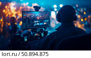 Night editing suite: A video editor immersed in a late-night project, illuminated by the glow of monitors displaying complex editing timelines. Стоковое AI-изображение, AI-художник Данила Большаков / Фотобанк Лори