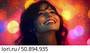 Euphoric radiance: a joyful face basking in luminous, glowing light, expression of elation, optimism and inner peace. Стоковое AI-изображение, AI-художник Данила Большаков / Фотобанк Лори