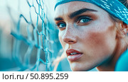 Serene Portrait: Close-up of a Fair-Skinned Woman with a Blue Headband and Net, Contemplative Gaze, for wellness or athletic promotion. Стоковое AI-изображение, AI-художник Данила Большаков / Фотобанк Лори