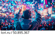 Ecstatic Crowd Surge: Concert Experience with Vibrant Lighting and Uplifted Spirit; Capture the pulse of live music events and fervent fan engagement. Стоковое AI-изображение, AI-художник Данила Большаков / Фотобанк Лори