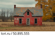 Autumnal Abandon: A Rustic Red Homestead's Silent Symphony of Decay, Time's Echo in a Rural Landscape. Стоковое AI-изображение, AI-художник Данила Большаков / Фотобанк Лори