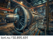 Large industrial turbine displaying engineering prowess in factory setting. Стоковое AI-изображение, AI-художник Иван Рябоконь / Фотобанк Лори