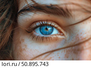 Close up of beautiful blue eye with long lashes and freckles emphasizing natural beauty. Стоковое AI-изображение, AI-художник Иван Рябоконь / Фотобанк Лори