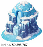 Igloo ice house with waterfall cascading over rocks in arctic landscape. Стоковое AI-изображение, AI-художник Иван Рябоконь / Фотобанк Лори