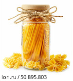 Various pasta types stored in glass jar with rustic twine and paper lid. Стоковое AI-изображение, AI-художник Иван Рябоконь / Фотобанк Лори