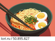 Bowl of ramen with chopsticks, eggs, and green onions is ready to eat. Стоковое AI-изображение, AI-художник Иван Рябоконь / Фотобанк Лори