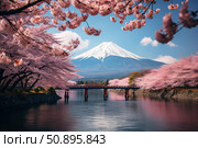 Cherry blossoms framing mount fuji reflecting on a river with a bridge in japan. Стоковое AI-изображение, AI-художник Иван Рябоконь / Фотобанк Лори