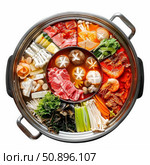 Hot pot divided in sections with various ingredients is ready for cooking. Стоковое AI-изображение, AI-художник Иван Рябоконь / Фотобанк Лори