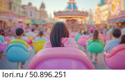 A child's enchanting perspective from a vibrant theme park attraction, featuring a soft pastel landscape of blurred merry-go-rounds and whimsical structures, evoking pure childhood joy for playful pr. Стоковое AI-изображение, AI-художник Данила Большаков / Фотобанк Лори