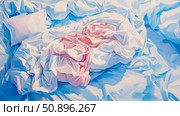 An abstract painterly depiction of an unmade bed with crumpled sheets and a pillow in calming blue, white, and pink hues, offering a serene domestic scene for home decor. Стоковое AI-изображение, AI-художник Данила Большаков / Фотобанк Лори