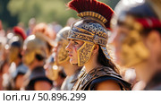 Resplendent warrior in classical armor and a distinctive red-plumed helmet, embodying ancient strength during a sunlit historical presentation. Стоковое AI-изображение, AI-художник Данила Большаков / Фотобанк Лори