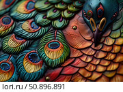 Colorful leather peacock showing its beautiful plumage. Стоковое AI-изображение, AI-художник Иван Рябоконь / Фотобанк Лори