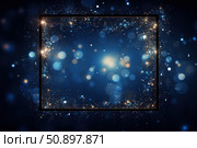 Golden particles frame on blue bokeh background with glittering lights. Стоковое AI-изображение, AI-художник Иван Рябоконь / Фотобанк Лори