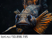 Tompot blenny swimming in dark water with orange fins. Стоковое AI-изображение, AI-художник Иван Рябоконь / Фотобанк Лори