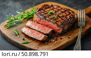 Juicy Grilled Steak Served on Wooden Board With Fresh Herbs and Perfect Sear Marks. Стоковое AI-изображение, AI-художник Юлия Гапеенко / Фотобанк Лори