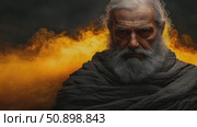 Commanding portrait of an ancient patriarch with a long grey beard, shrouded in dark fabric, against a swirling amber light. Стоковое AI-видео, аниматор Данила Большаков / Фотобанк Лори