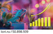 Luminescent aquamarine iguana observing an upward trajectory bar graph within a bold, glowing neon setting. Стоковое AI-видео, аниматор Данила Большаков / Фотобанк Лори