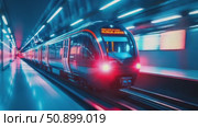 High-speed modern transit vehicle accelerating through a dynamically illuminated subterranean passage. Стоковое AI-видео, аниматор Данила Большаков / Фотобанк Лори