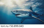 Imposing apex marine creature glides through the shimmering underwater world. Стоковое AI-видео, аниматор Данила Большаков / Фотобанк Лори