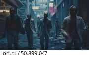 Horde of decaying humanoid creatures shambles through a dim urban alley, their blood-stained suits marking a grim apocalypse. Стоковое AI-видео, аниматор Данила Большаков / Фотобанк Лори