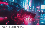 Dynamic scene of a futuristic sport vehicle dramatically fracturing with glowing red energy in a neon-lit urban realm. Стоковое AI-видео, аниматор Данила Большаков / Фотобанк Лори