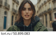 Authentic captivating portrayal of a young woman amidst an urban setting, featuring her confident gaze and serene expression. Стоковое AI-видео, аниматор Данила Большаков / Фотобанк Лори