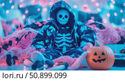 Enigmatic skeleton figure in a hooded outfit seated amidst plush pink bedding under a vibrant neon glow, embodying a playful festive spirit. Стоковое AI-видео, аниматор Данила Большаков / Фотобанк Лори