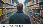 A solitary person walks down a brightly lit retail store corridor stacked with numerous colorful products. Стоковое AI-видео, аниматор Данила Большаков / Фотобанк Лори