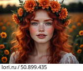 Молодая женщина с огненно-рыжими кудрями в венке из оранжевых георгин и зелени. Стоковое AI-изображение, AI-художник Владислав Дельдюгинов / Фотобанк Лори