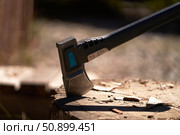 An axe with a steel blade stuck into a stump against a blurred background. There are splinters from splitting firewood on the stump. Стоковое фото, фотограф Роман Дзюбало / Фотобанк Лори