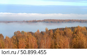 Autumn morning. Picturesque river with morning fog over the water surface, framed by golden trees. Стоковое фото, фотограф Роман Дзюбало / Фотобанк Лори