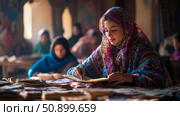 Cultural Education: A woman studies intently in a traditional garment, surrounded by books, in a scene reflecting learning and cultural preservation. Стоковое AI-изображение, AI-художник Данила Большаков / Фотобанк Лори