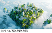Utopian Eco-City: Sustainable Living on a Floating Island. Стоковое AI-изображение, AI-художник Данила Большаков / Фотобанк Лори