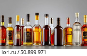 Liquor Still Life: Grouping of Assorted Bottles in a Row, a Collection for Bar Advertisement, or as a Wine Cellar Collection. Стоковое AI-изображение, AI-художник Данила Большаков / Фотобанк Лори
