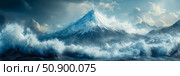 Oceanic Majesty: A snow-capped mountain meets the sea in a dramatic landscape of surging waves and ethereal clouds. Стоковое AI-изображение, AI-художник Данила Большаков / Фотобанк Лори