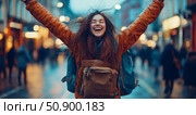 Euphoric Traveler: Blissful Celebration of Arrival, Joyful City Exploration. Стоковое AI-изображение, AI-художник Данила Большаков / Фотобанк Лори
