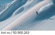 Snowboarder glides effortlessly down pristine snow-covered mountain slope under clear blue sky. Стоковое AI-видео, аниматор Сергей Толмачёв / Фотобанк Лори