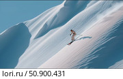 Snowboarder descends pristine snowy slope under bright blue sky in winter wonderland. Стоковое AI-видео, аниматор Сергей Толмачёв / Фотобанк Лори