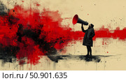 Activism concept: Person with megaphone speaks out against artistic background with red and black paint splashes. Стоковое AI-изображение, AI-художник Данила Большаков / Фотобанк Лори