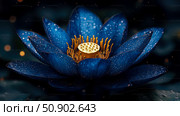 Elegant Blossom: A Deep Blue Lotus Flower with Glistening Dewdrops. Стоковое AI-изображение, AI-художник Данила Большаков / Фотобанк Лори