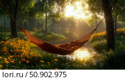 Tranquil Getaway: A Hammock Retreat in a Sun-Drenched Forest. Стоковое AI-изображение, AI-художник Данила Большаков / Фотобанк Лори
