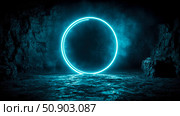 Futuristic Portal Concept: A luminous turquoise ring glows mysteriously within a rocky cave, inviting exploration and hinting at otherworldly journeys. Стоковое AI-изображение, AI-художник Данила Большаков / Фотобанк Лори