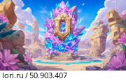 Mystical landscape with crystalline formations and ancient structures. Стоковое AI-изображение, AI-художник Данила Большаков / Фотобанк Лори