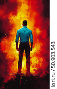 Confronting Inferno: A person stands defiantly before a fiery blaze. Стоковое AI-изображение, AI-художник Данила Большаков / Фотобанк Лори