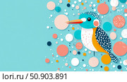 A vibrant graphic depiction of a kingfisher bird with geometric shapes and playful floating polka dots on a bright aquamarine canvas, perfect for cheerful art. Стоковое AI-изображение, AI-художник Данила Большаков / Фотобанк Лори
