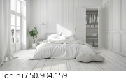 A bedroom with white walls and floors, creating a clean and minimalist aesthetic. Стоковое AI-изображение, AI-художник Данила Большаков / Фотобанк Лори