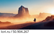 Desert Wanderer: A lone figure traverses arid landscape under a serene sunset, embracing solitude and the majesty of nature's vast expanse. Стоковое AI-изображение, AI-художник Данила Большаков / Фотобанк Лори