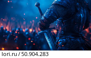 Knight's Stand: Heroic warrior poised with sword before a battle, clad in armor, embodying courage and valor amidst an army, for fantasy. Стоковое AI-изображение, AI-художник Данила Большаков / Фотобанк Лори