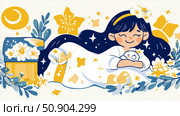 Lullaby themed bedtime story illustration of a sleeping girl holding her plush toy. Стоковое AI-изображение, AI-художник Данила Большаков / Фотобанк Лори