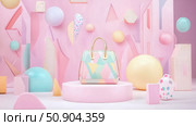 Modern pastel product showcase featuring a designer handbag on a pedestal with geometric props. Стоковое AI-изображение, AI-художник Данила Большаков / Фотобанк Лори
